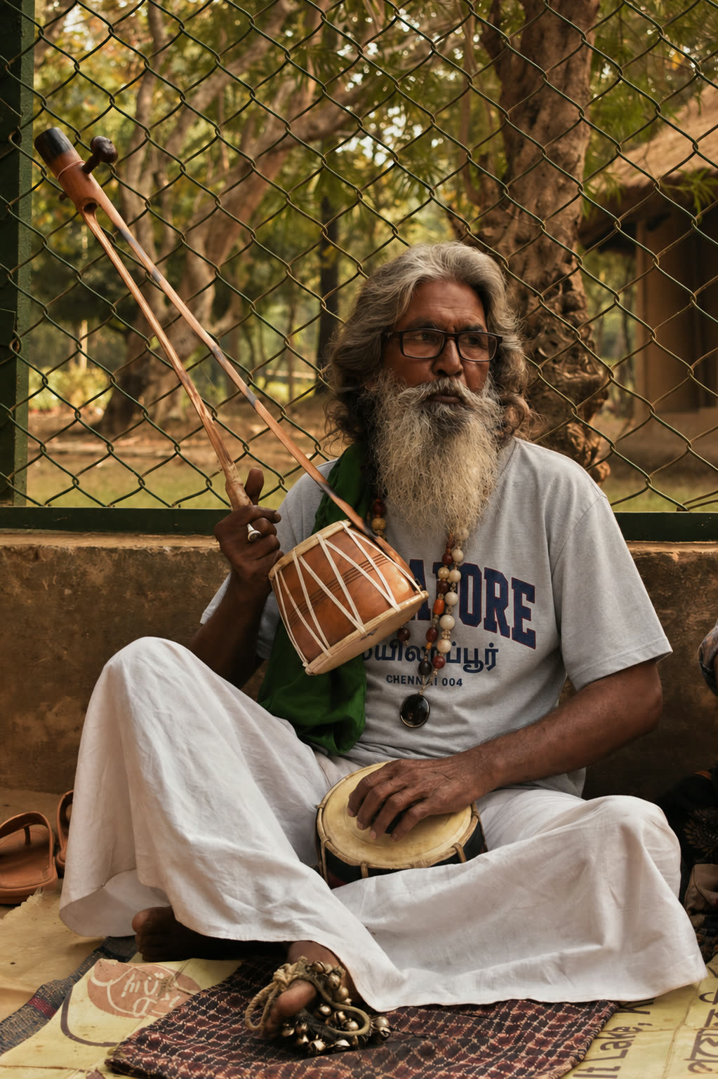 A musician in Mylapore wearing the Mylapore tee