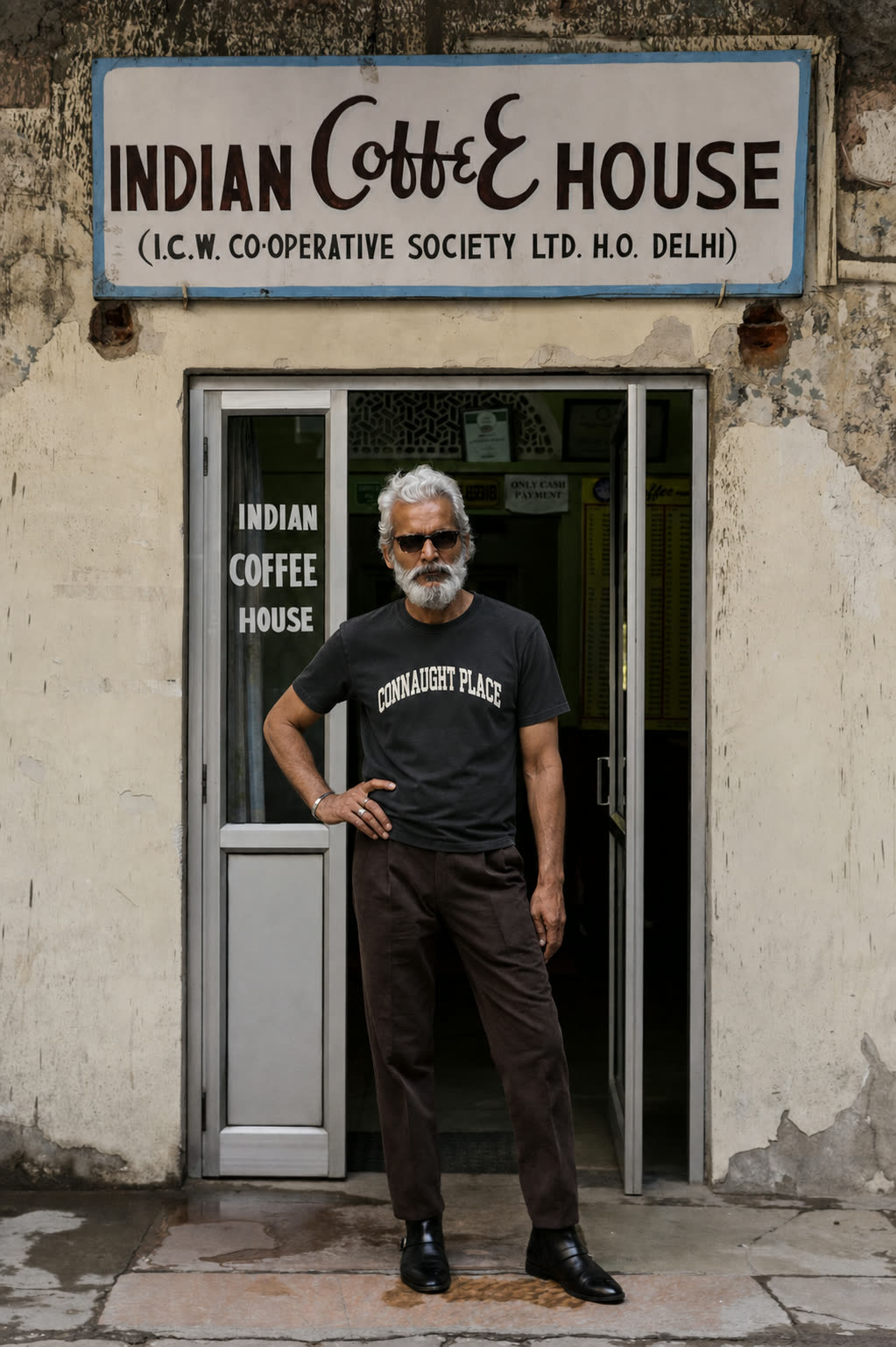 A regular at a coffee house table in the Connaught Place tee
