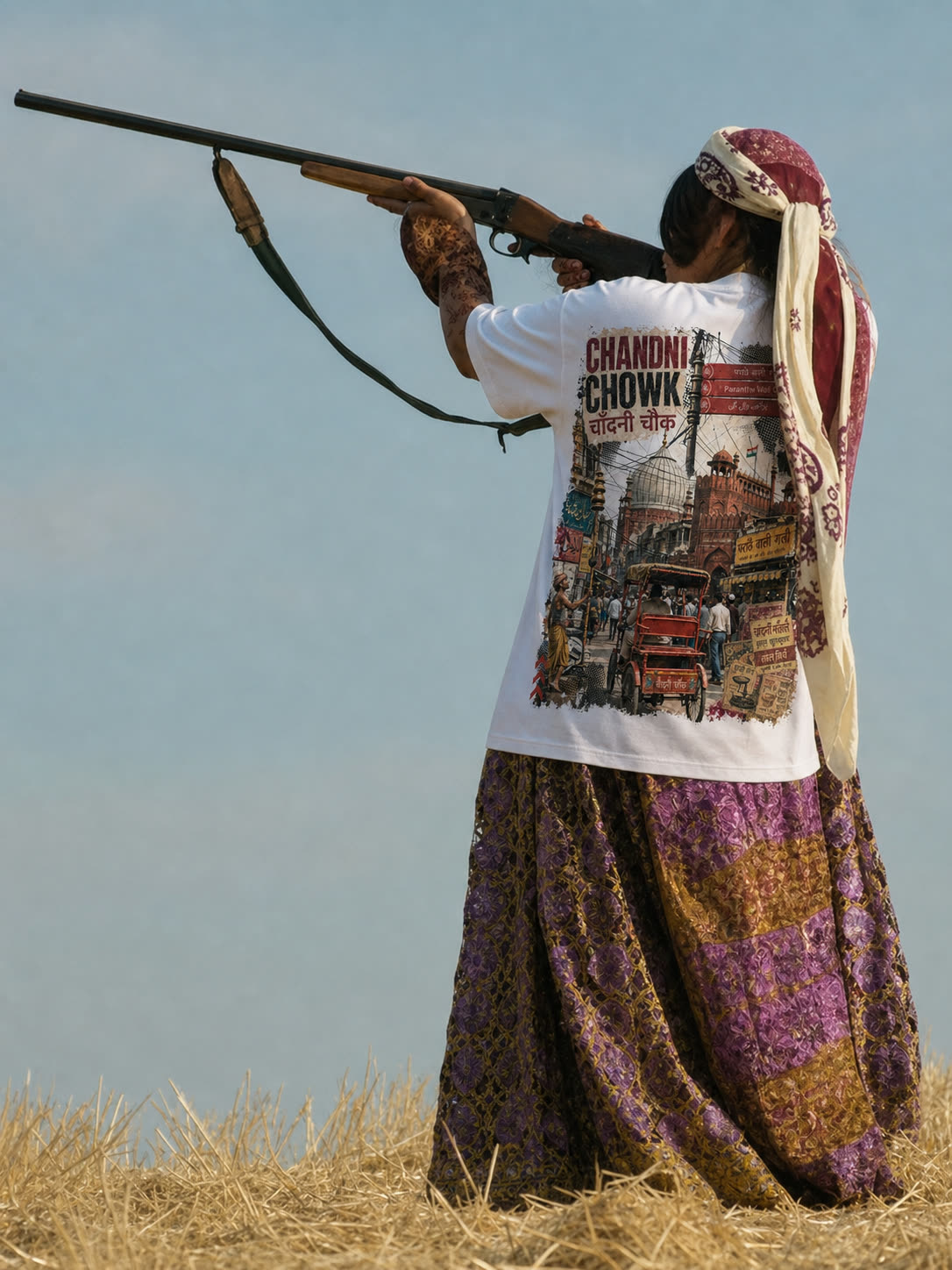 A worker in a field wearing the Chandni Chowk tee