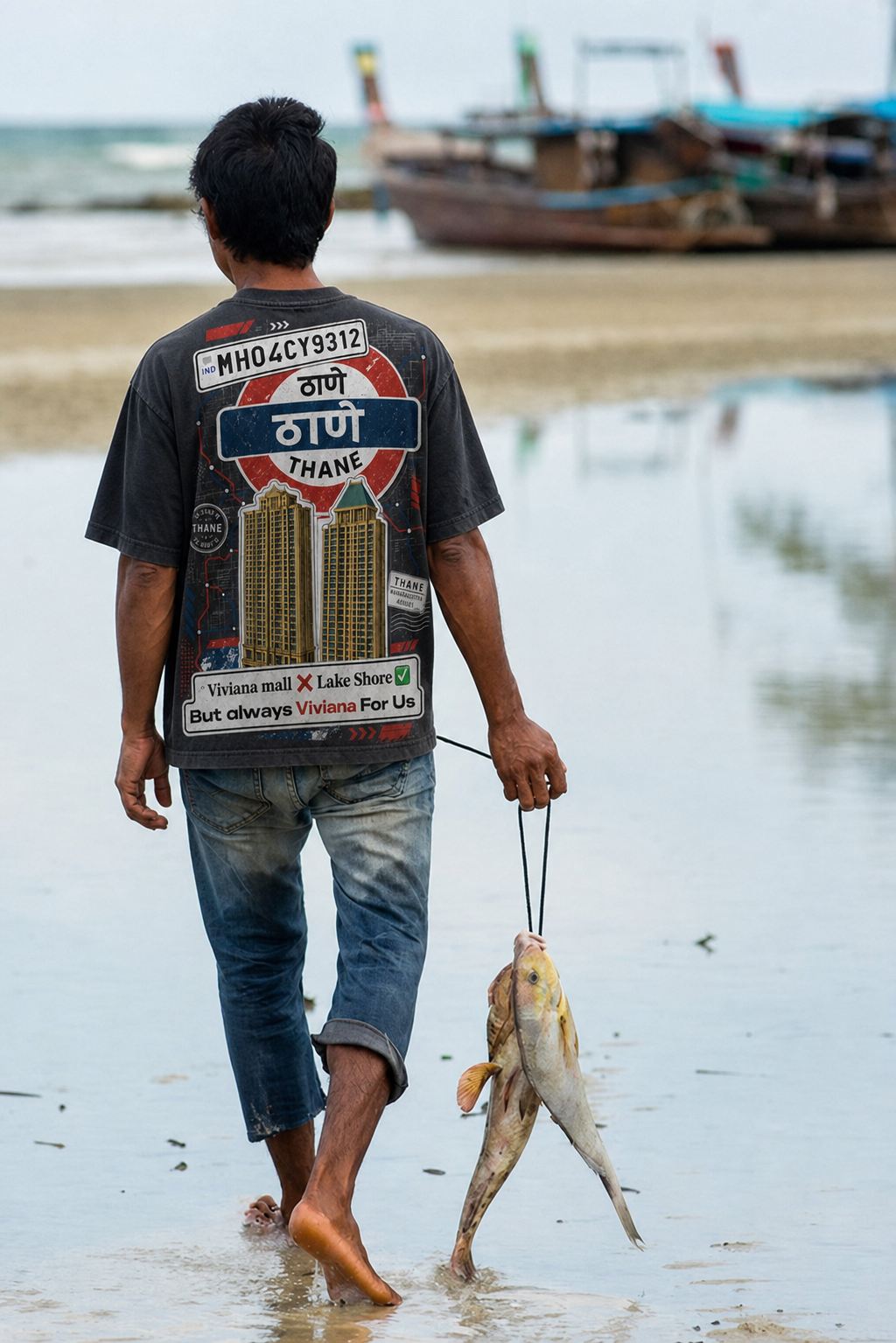 Fisherman by the Thane creek wearing the APSHABD Thane tee