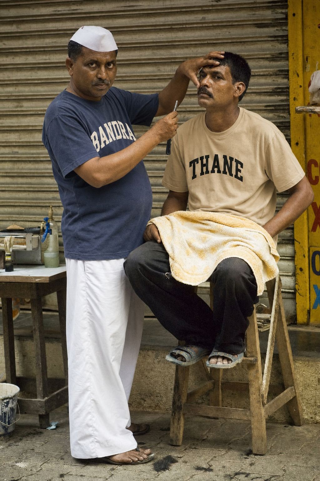 Barber shop scene in Bandra with APSHABD neighbourhood tees