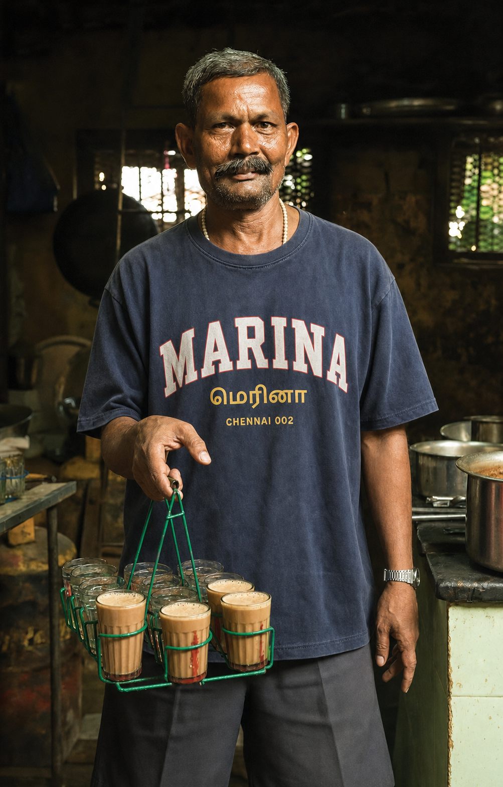 Chai vendor holding a rack of glasses, wearing the Marina tee