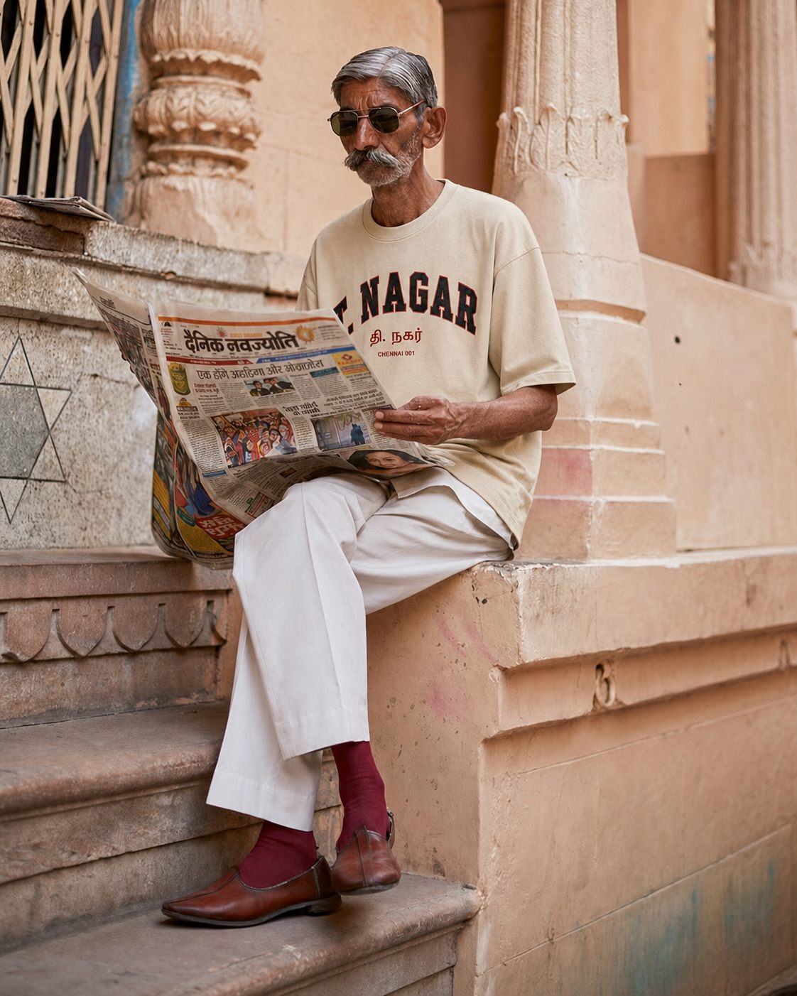 A person reading a newspaper in a T Nagar neighbourhood T-shirt