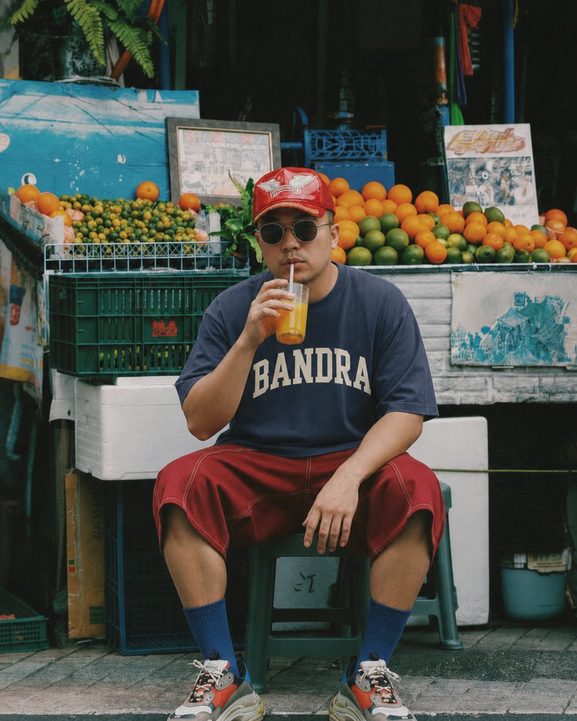 A person in a Bandra T-shirt seated at a fruit stall