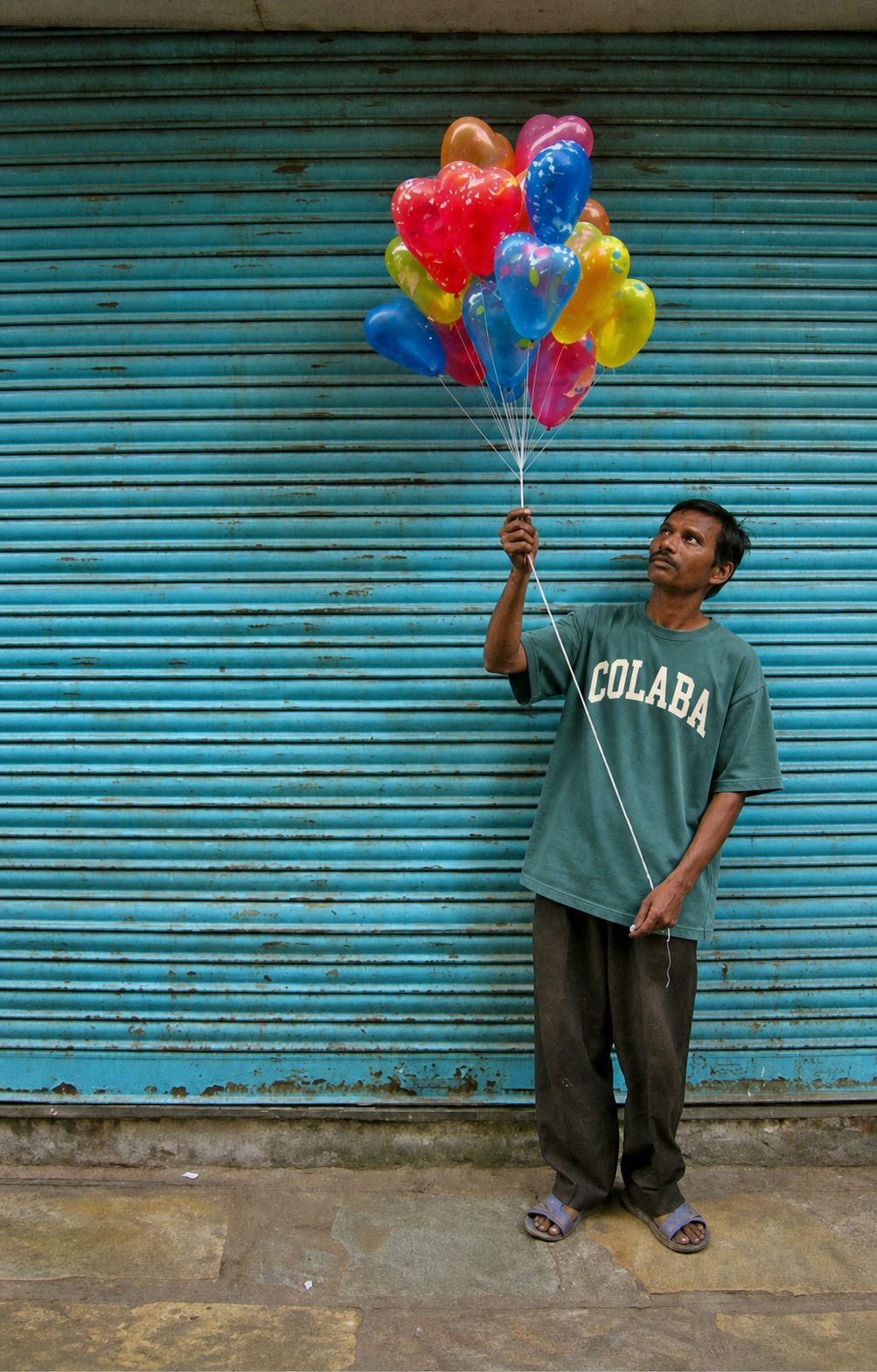 Balloon seller against a blue shutter wearing the Colaba tee