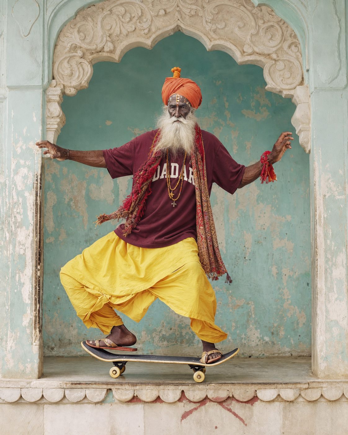 Sadhu balancing on a skateboard under an archway in the Dadar tee